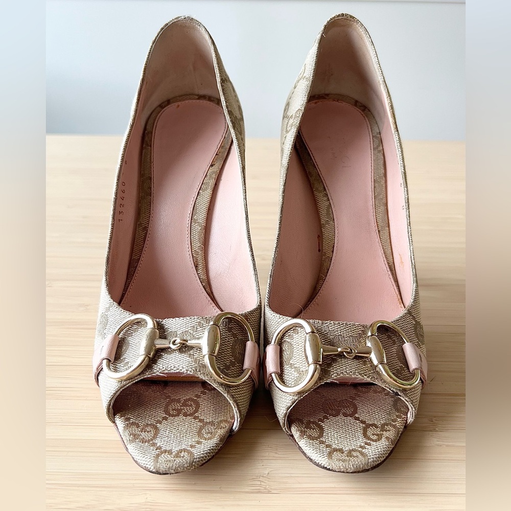 Gucci GG Marmont Horsebit Peep Toe Heels